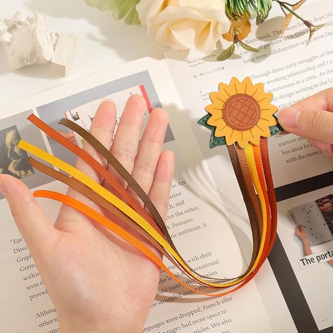 icceemee 2pcs Leather Bookmark with Sunflower Rose, Aesthetic Vintage Book Accessories, Handmade Tassel Bookmark for Women Men Gift
