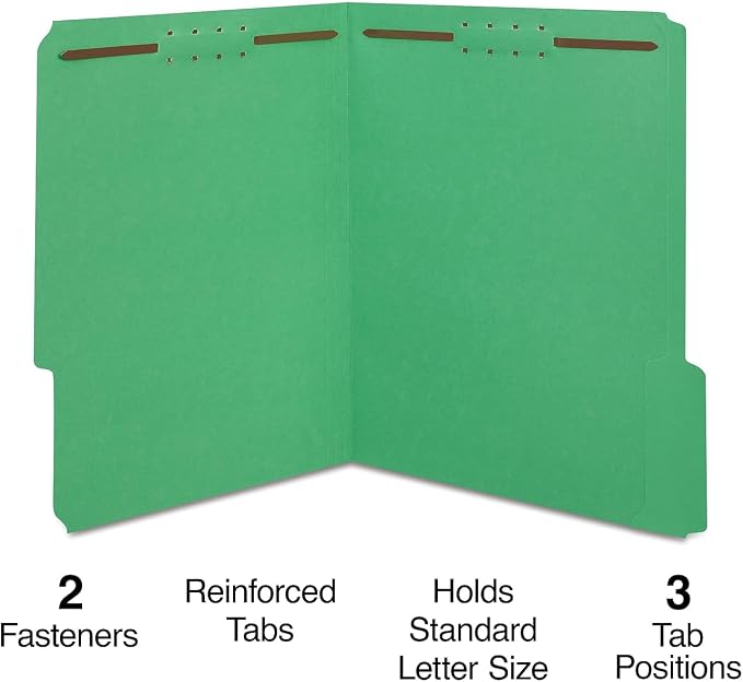 Staples Reinforced Tab Fastener Folder, Letter Size, Green Pressboard, Durable Construction, 50/Box