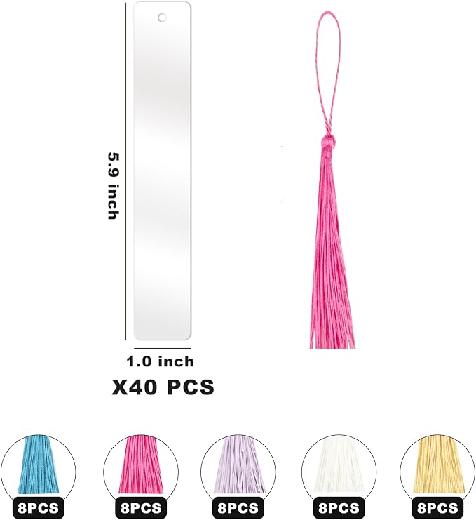 Acrylic Bookmarks Blanks Bulk 80PCS Rectangle Clear Bookmark Plastic Blank 40 Sets with 5 Color Tassels for Vinyl DIY Craft (5.9 * 1.0 inch)