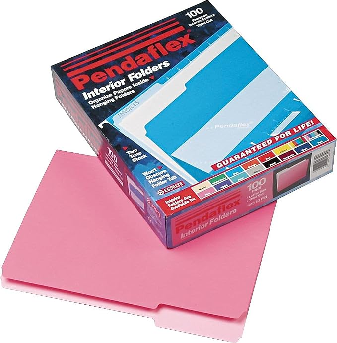 Pendaflex Interior File Folders, 1/3 Cut, Top Tab, Letter Size, Pink, 100 per Box (4210 1/3 PIN)