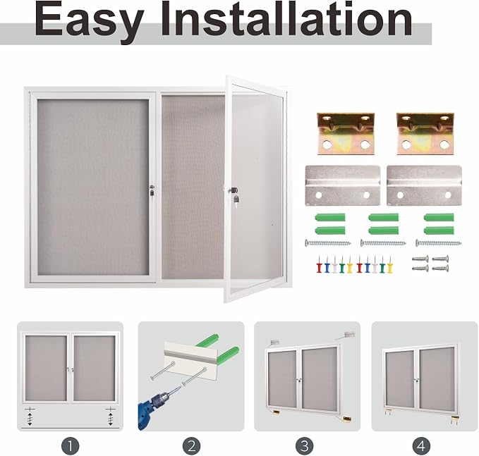 48x36 Inch Lockable Enclosed Bulletin Board, Weather-Resistant Outdoor Noticeboard with 2 Locking Doors, Wall-Mounted Silver Aluminum Frame & Grey Felt Presentation Board
