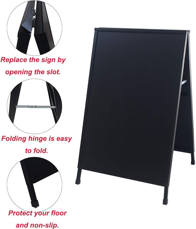 HUAZI Sandwich Board 24 x 36‘’ Sidewalk Sign Double-Sided A Frame Folding Sign Heavy Duty Metal Display with 2 Corrugated Plastic Poster Boards Suitable for Indoor Outdoor,Black