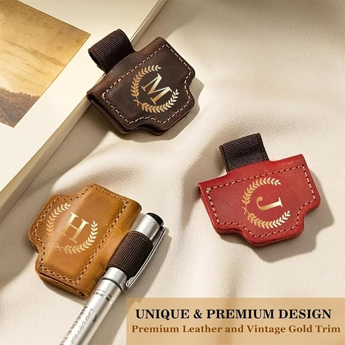 Personalized Mark Bookmark with Pen Holder, Leather Magnetic Book Marker 26 Letters,Custom Initials Page Marks, Gifts for Book Lovers Readers Men Women (Coffee, M)