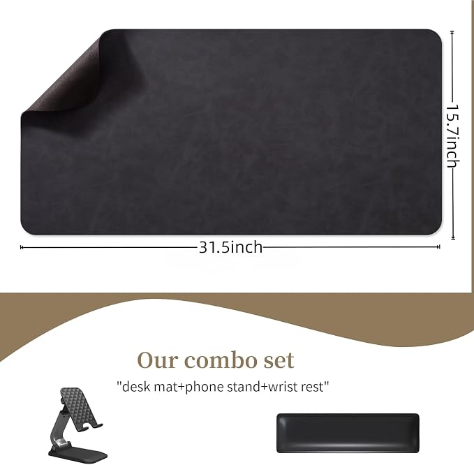 Leather 15.7"x 31.5" Desk pad for Computer and laptops, Ideal for Gaming and Office use, Large Mouse pad and Keyboard mat,Desk mat Special for man. A complimentary Wrist pad and Phone Stand.(Black)