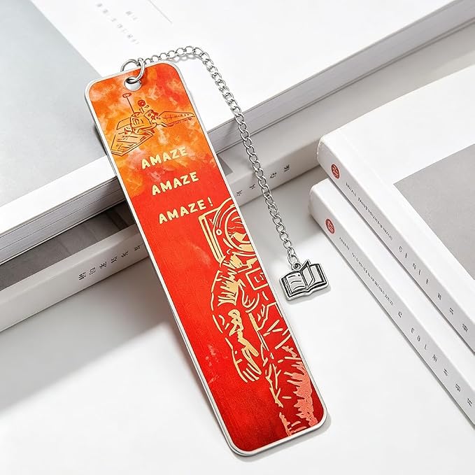 Project Hail Mary Inspired Metal Bookmark with Chain, Double-Sided Printed Stainless Steel Bookmark, Space Astronaut Design, Book Charm Pendant, Reading Gift for Sci-Fi Fans, Book Lovers(Project C)