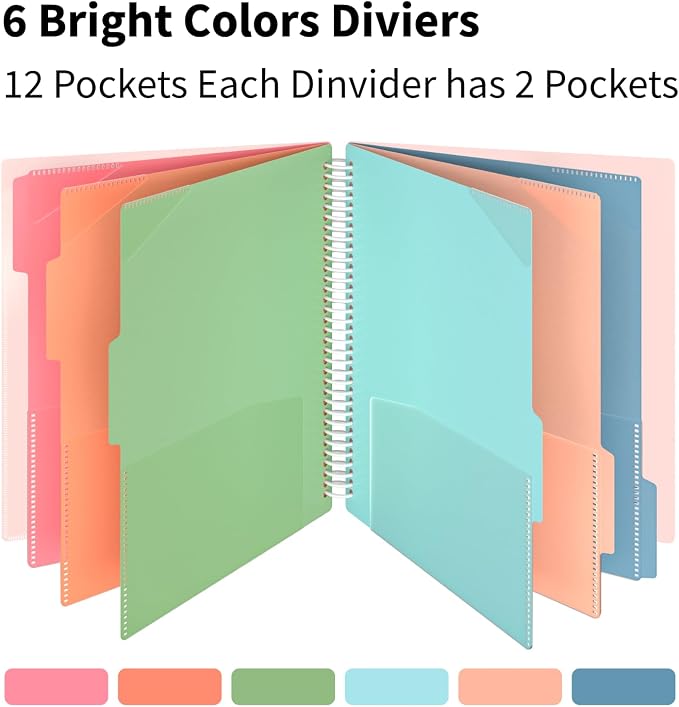 12 Pocket Project Organizer, 6 Colors Multi Pocket Folder Binder with Dividers, Spiral Pocket Notebook with Zipper Pouch, Office Organizer File Folders, Letter Size, School Supplies, White