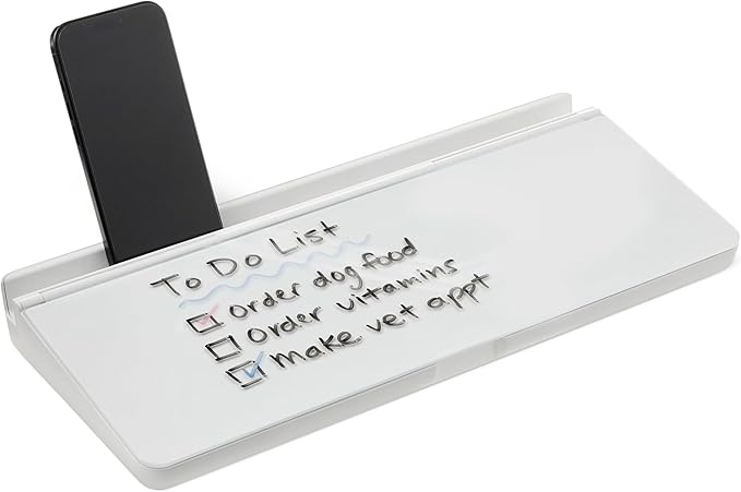 Amazon Basics Desktop Dry Erase Whiteboard with Organizer and Accessories, Tempered Glass, 15.7 x 5.4 inches, White