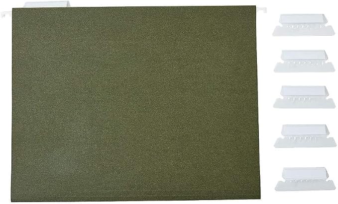 Staples Hanging File Folders, Letter Size, 1/5‑Cut Tabs, Standard Green, Includes Tabs & Paper Inserts – 25/Pack