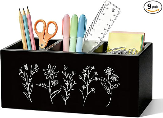 Black and White Floral Pen Pencil Holder for Desk, Minimalist Wildflower Botanical Wooden Box Sign Organizer for Home Office Bedroom Desk Accessories Tabletop Decorations