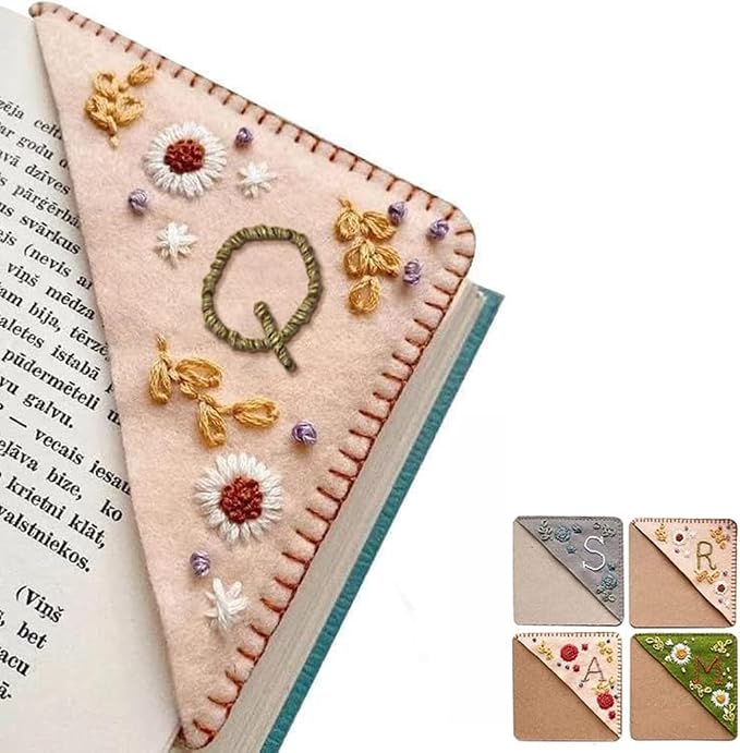 Personalized Hand Embroidered Corner Bookmark, 26 Letters Cute Flower Embroidered Corner Bookmark Embroidery Book Marker Clip for Book Lovers Bookmarks for Reading Lovers Meaningful GIF (Spring, Q)