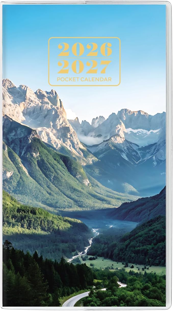 Pocket Calendar 2026-2027, Purse Planner, 3.7" x 6.7", Runs from January 2026 Until December 2027, Pocket Monthly Calendar with Mountain PVC Cover for Office