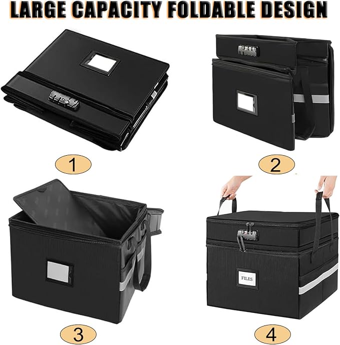 2 Layer Fireproof Document Box with Lock, File Box Water-Resistant File Organizer File Cabinet, Portable File Organizer Document Safe for Home Office Letter Legal Folder (Black)