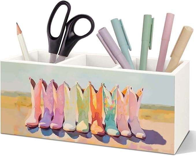 SNNDER Preppy Cowgirl Boots Pen Holder for Desk, Rustic Western Country Wooden Box Sign Desk Decor for Home Girls Room Dorm Tabletop Shelf Decoration, Cowgirl Gifts Pencil Organizer, Cowgirl Gifts