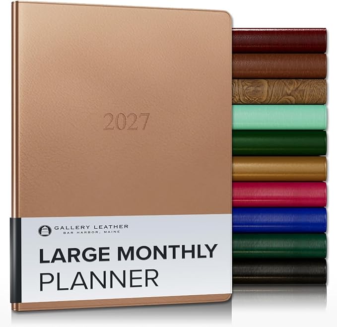Gallery Leather Large Monthly Planner 2027, Elegantly Bound Calendar Planner and Notebook with Stylish Gold-Gilded Page Edges, 18 Months - Freeport Metallic Rose Gold - 9.75x7.5"