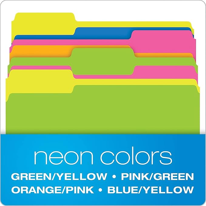 Pendaflex File Folders, 12-Pack, Letter Size, Twisted Glow Neon Assorted Reversible Colors, 1/3-Cut Staggered Tabs, Versatile Document Organizers for School Classrooms and Professional Office Desks