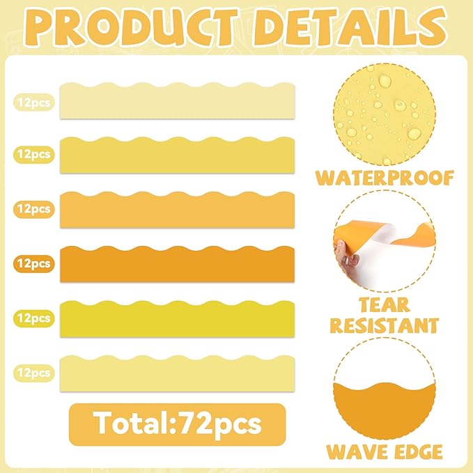Qyeahkj 85 Feet Yellow Bulletin Board Border Classroom Scalloped Yellow Bulletin Board Paper 6 Scalloped Border Trim Hello Sunshine DIY Supplies for Back to School Home Office Wall Decor,72 Pcs