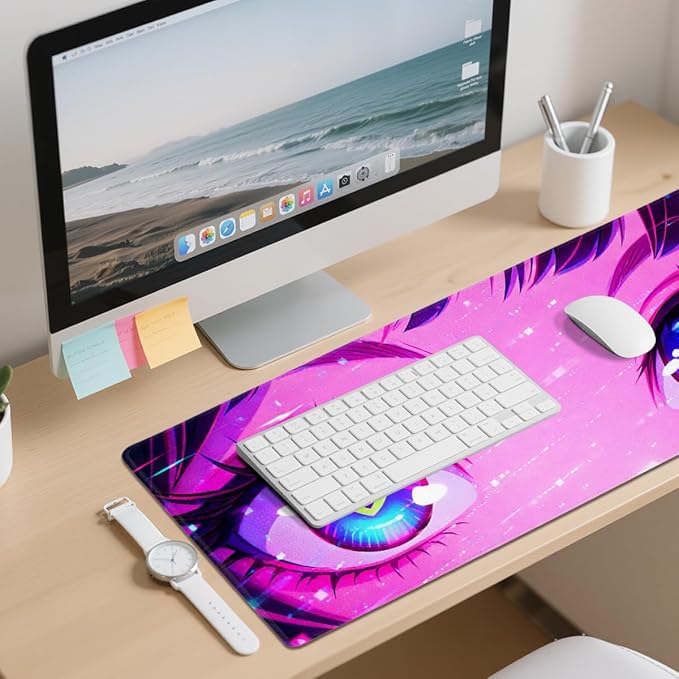 Anime Girl Desk Mat 35.4 x 15.7 Inches Kawaii Heart Eyes Neon Gaming Mouse Pad with Non-Slip Rubber Base, Smooth Cloth Surface Desk Keyboard Mat for Computer, PC, Laptop, Desktop