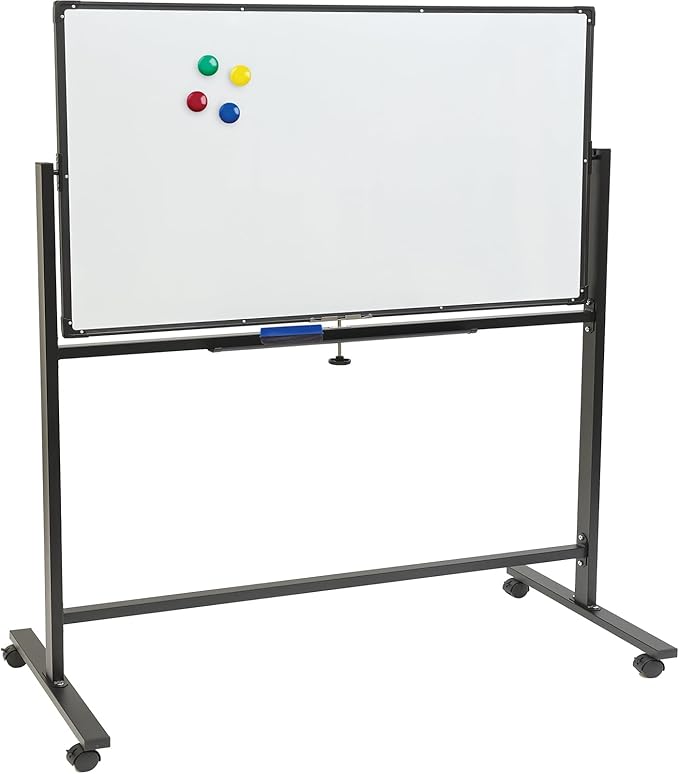 Excello Global Products Large 48"x32" White Board on Wheels: 1 Reversible Magnetic Dry Erase Board with Rolling Stand, 4 Dry Erase Markers, 1 Eraser, 4 Magnets, 1 Marker Tray (Black)