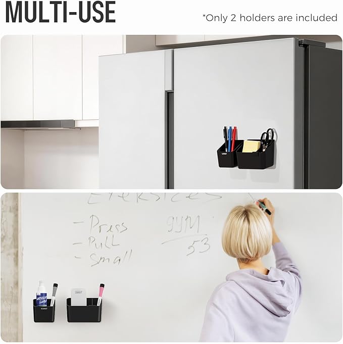 loukin Magnetic & Adhesive Dry Erase Marker Holder with Divider, 1 Small + 1 Mini, Magnetic Storage Organizer for Whiteboard or Refrigerators (Black)