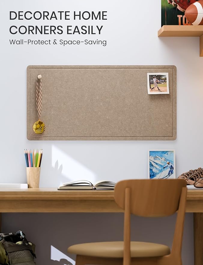 Fluxynara Bulletin Board, 35" x 17.5" Cork Board Alternative with 12 Safe Removable Adhesive Tabs, Foldable Felt Pin Board for Home Office, Classroom, Bedroom,Entryway for Walls—Taupe