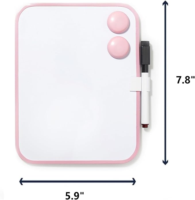Magnetic Dry Erase Board for School Locker, 6" x 8" Marker and 2 Magnets - Small Whiteboard for Classroom, Home, Office, Travel - Pink