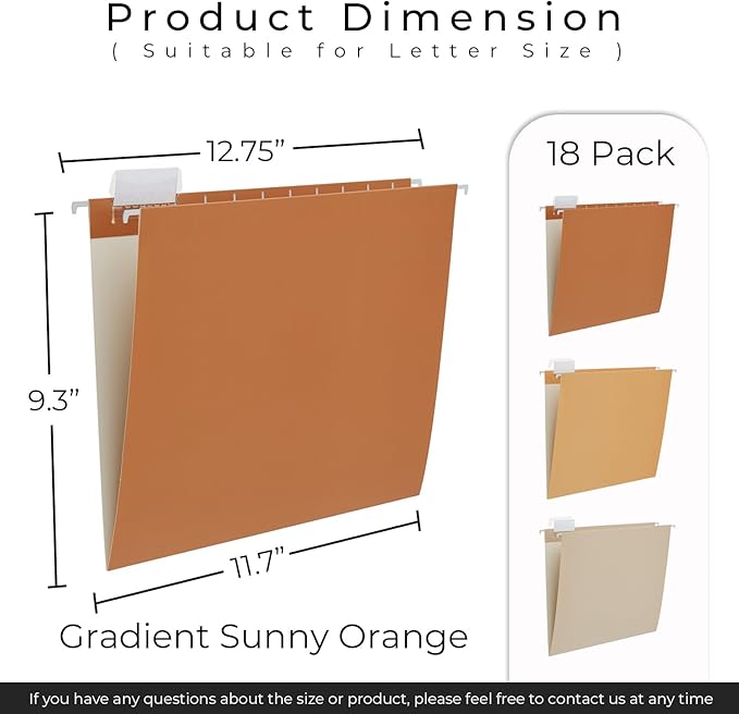 Y YOMA 18 Pack Gradient Hanging File Folders Letter Size Decorative Hanging Folder Pretty File Folder Organizer for Filing Cabinet Office Home with 1/5-Cut Adjustable Tabs, Sunny Orange