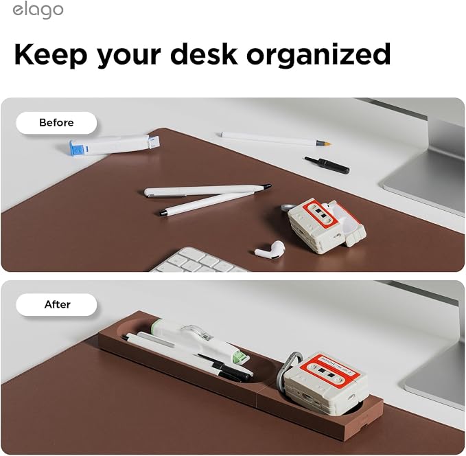 elago Smart Magnetic Desk Mat Pencil Tray – Soft Silicone Organizer for Office Supplies, AirPods, Glasses, Pens – Noise-Free, Washable, Item for Desk Management [Medium-Small Set] (Brown)