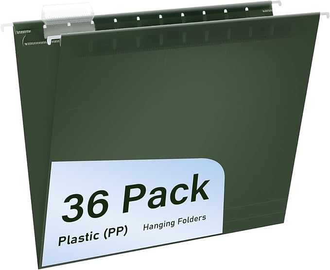 Plastic Hanging File Folders, 36 Pack Olive Hanging Folders，Letter Size with 1/5-Cut Tabs, Strong for Bulk Files, Documents and Paper, Office & Home Filing