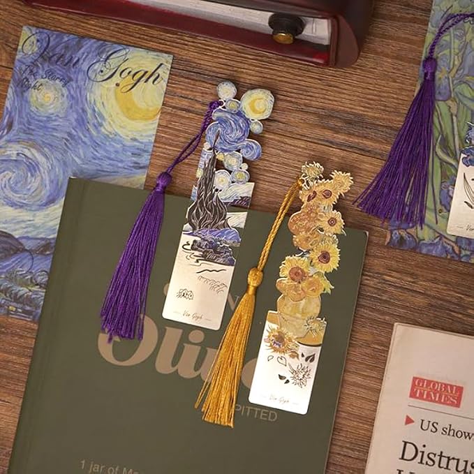 4 Pcs Metal Bookmarks with Tassel, Sliver Hollow Bookmark Van Gogh Oil Painting Theme Bookmark Art Bookmarks for Book Lovers Writers Readers Children Teens Men Women Adults (Van Gogh Gift Box)