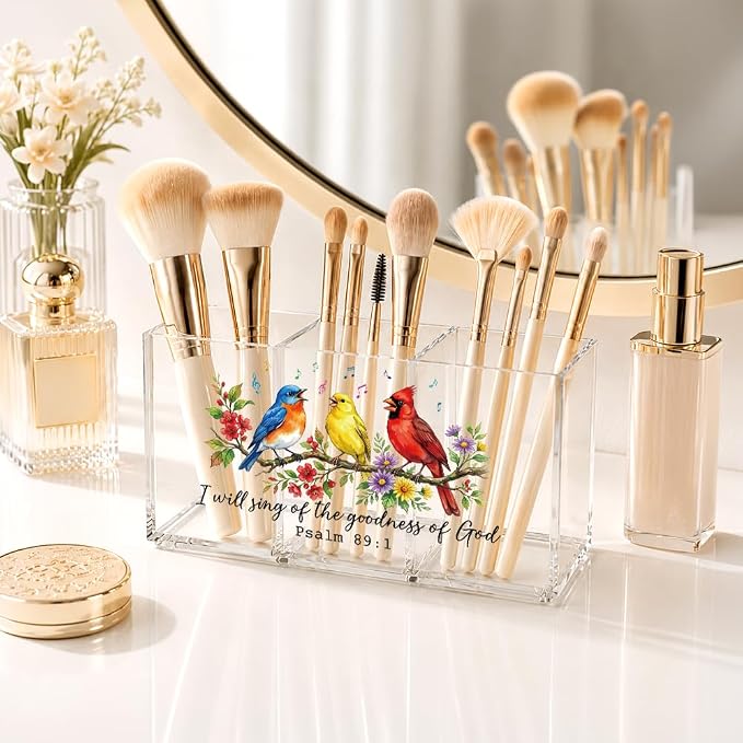 Chistian Bird Acrylic Pen Holder for Desk, I Will Sing Of The Goodness Of God Psalm 89:1 Bible Verse Desk Organizer for Office Home, Back to School Gifts for Women Teachers Coworkers Friends