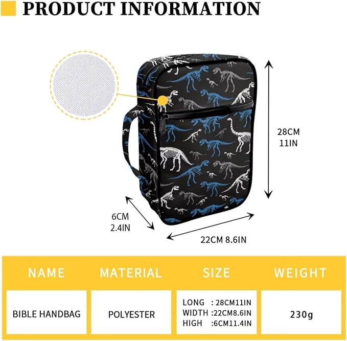 Coldinair Dinosaur Print Bible Cover for Kids Boy,Cool Bible Case Bible Carrier Carrying Organizer Purse Handbag with Zipper Pockets Protective Church Bag with Multi Pocket