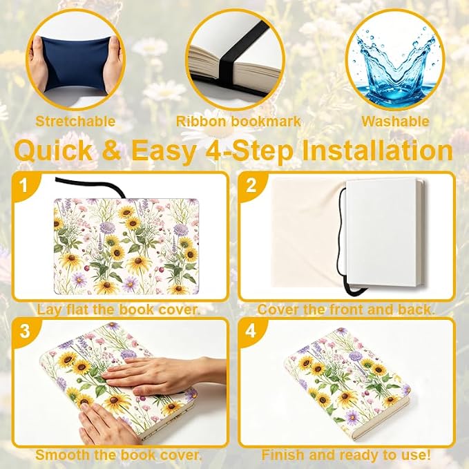 Wildflowers Patern Stretchable Book Cover 15.7"x9.8", Elastic Washable Book Protector for Hardcover Textbooks Paperbacks, Reusable Polyester Book Sleeve for Women