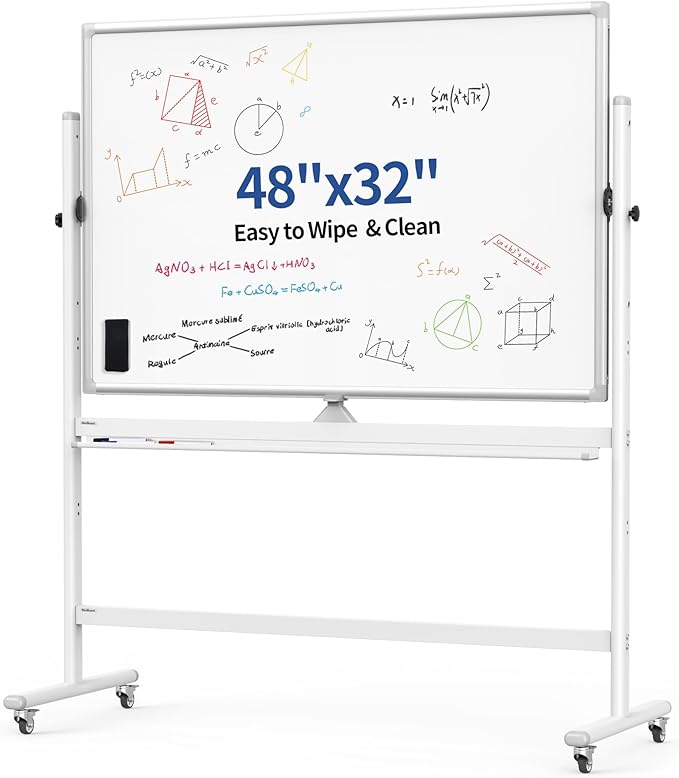 Rolling Magnetic White Board on Wheels, 48x32 inch Mobile Easel Standing Whiteboard, Double Sided Dry Erase Board with Stand for Office, Classroom & Home