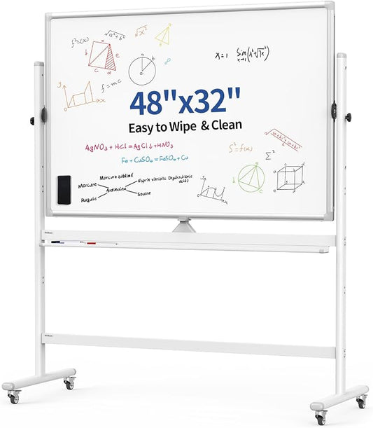 Rolling Magnetic White Board on Wheels, 48x32 inch Mobile Easel Standing Whiteboard, Double Sided Dry Erase Board with Stand for Office, Classroom & Home