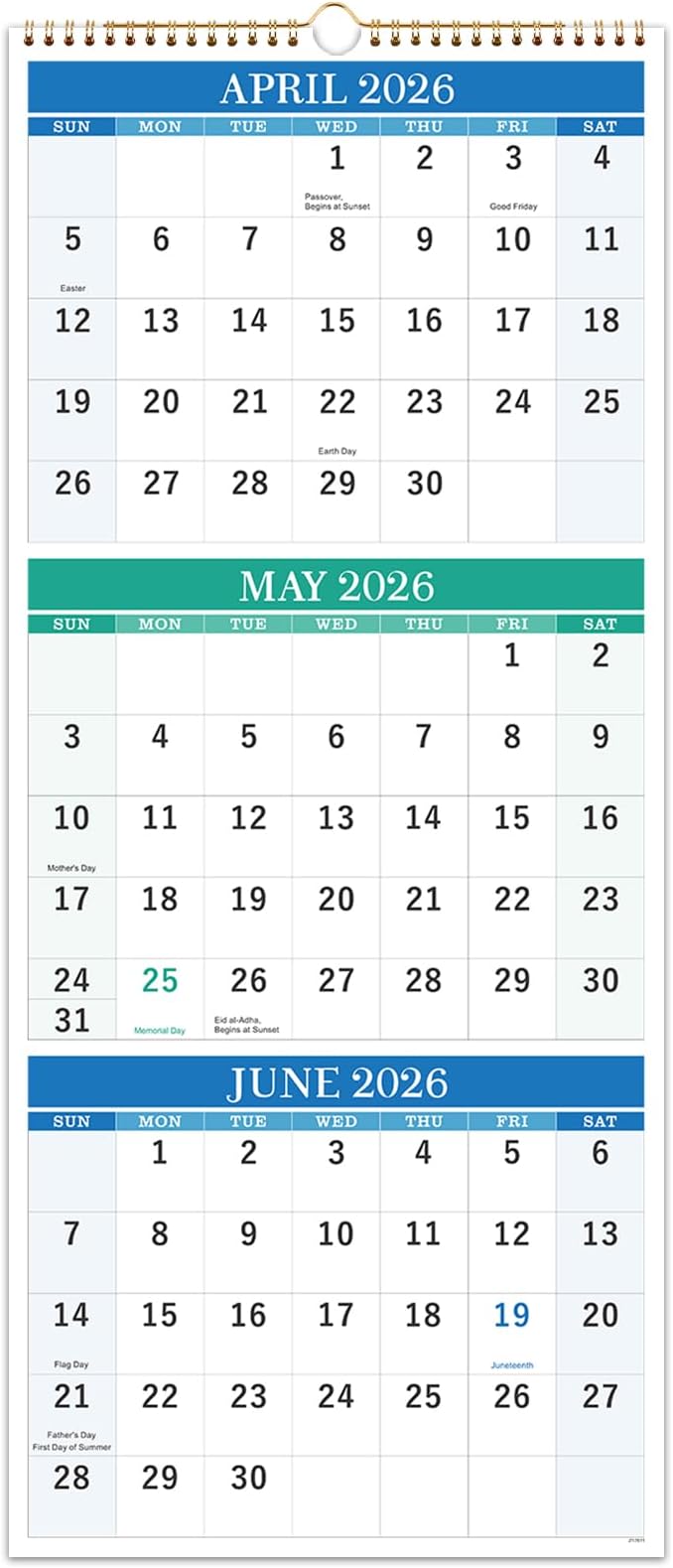 Wall Calendar 2026-2027 - 3 Month Calendar Vertical, April 2026 to June 2027, Calendar 2026-2027 with Large Blocks, 11'' x 26'' (Open)