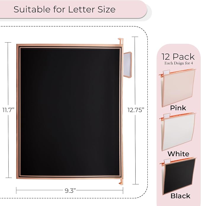 Y YOMA 1 Pack Rose Gold Desktop Hanging File Organizer | 12 Pack Rose Gold Pocket Hanging File Folders with Tabs & Insert | Letter Size Metal File Kit for Desk Home Office, I Shaped