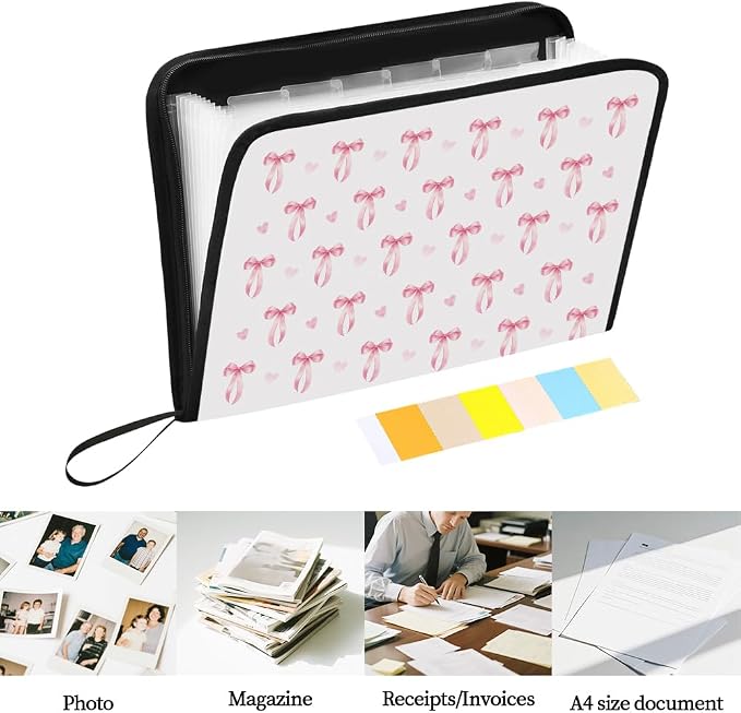 WEBEEDY Pink Bow Expanding File Folder 13 Pockets Coquette Ribbon Bow Accordion File Organizer with 12 Color Labels and Zipper, Travel Document Organizer for Photo Letter Bill Receipt Paper, A4 Size