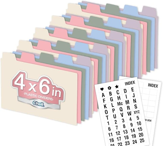 Chell 4x6 Plastic Index Card Dividers, Morandi Colors, Heavyweight Poly Index Card Guides A-Z, with Alphabetical/Blank Stickers, Pack of 25