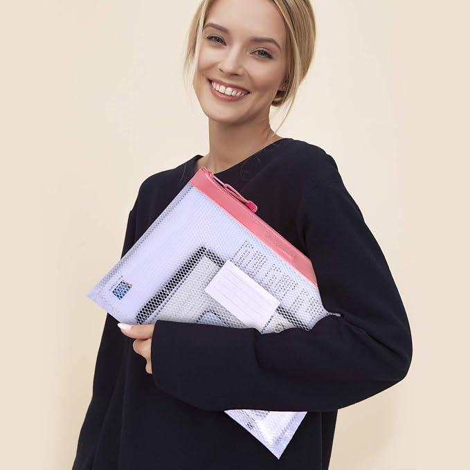 Wisdompro Zipper Pouch, 4 Packs Durable Letter Size Waterproof Mesh File Bag, Document Organizer - Blue/Purple/Yellow/Pink