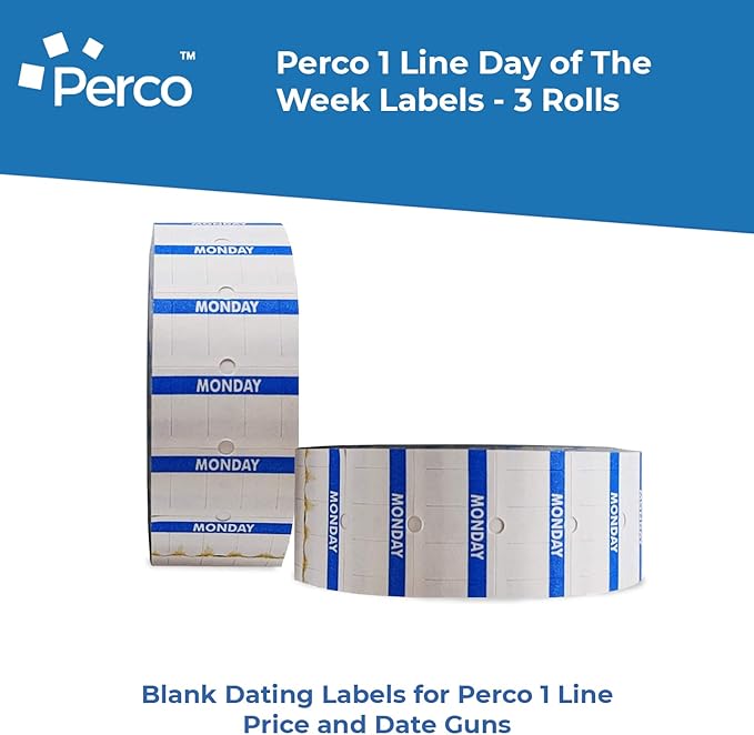 Perco 1 Line Day of The Week Labels - 3 Rolls, Blank Dating Labels for Perco 1 Line Price & Date Guns (Monday - 1 Line Labels)