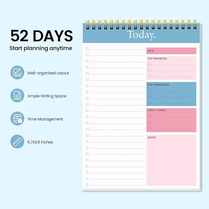 KMQOY To Do List Notepad - 3 Pack Daily Planner Pad Undated 52 Sheets Spiral Today Planner Note Pad Premium Thick Paper 6.5" x 9.8" For Work and Personal Organized