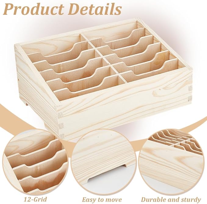 BENECREAT 12-Grid Wooden Cell Phone Holder, Multifunctional Mobile Phone Organiser, Desktop Organiser for Classroom Office Desktop Storage, Antique White