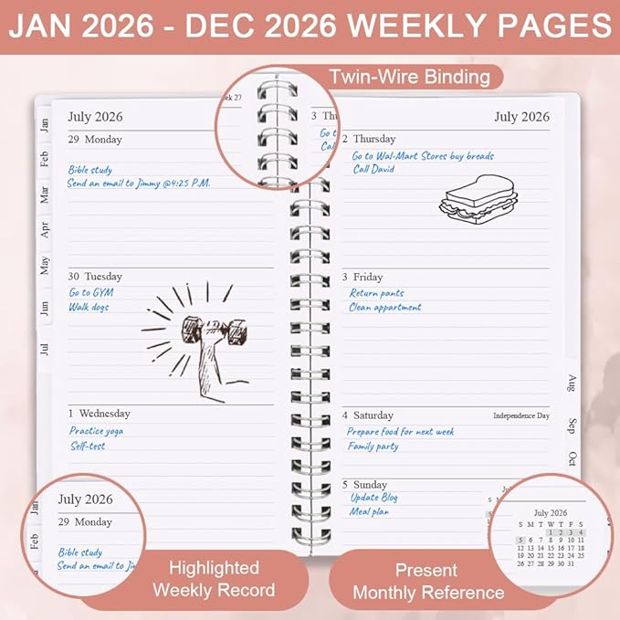 2026 Pocket Planner/Calendar - January 2026 - December 2026, A6 Weekly & Monthly Organizer Notebook & Journal to Track Goals, Easy to Organize Your Daily Life, 3.75" x 6.75", Pink