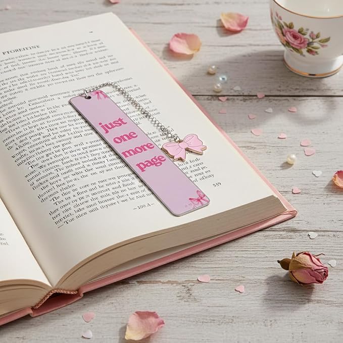 Pink Bow Metal Bookmark Gift Silver Chain Pendant with Bow for Women's Christmas Gift Book Lover Book Accessories School Supplies Office Stationery (Pink Bow)