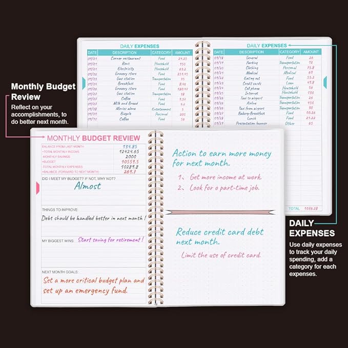Budget Planner - Monthly Budget Book with Expense Tracker Notebook, Undated 12 Month Bill Organizer & Finance Planner to Manage Your Money, Account Book with Colorful Tabs, 8" x 9.5", Black