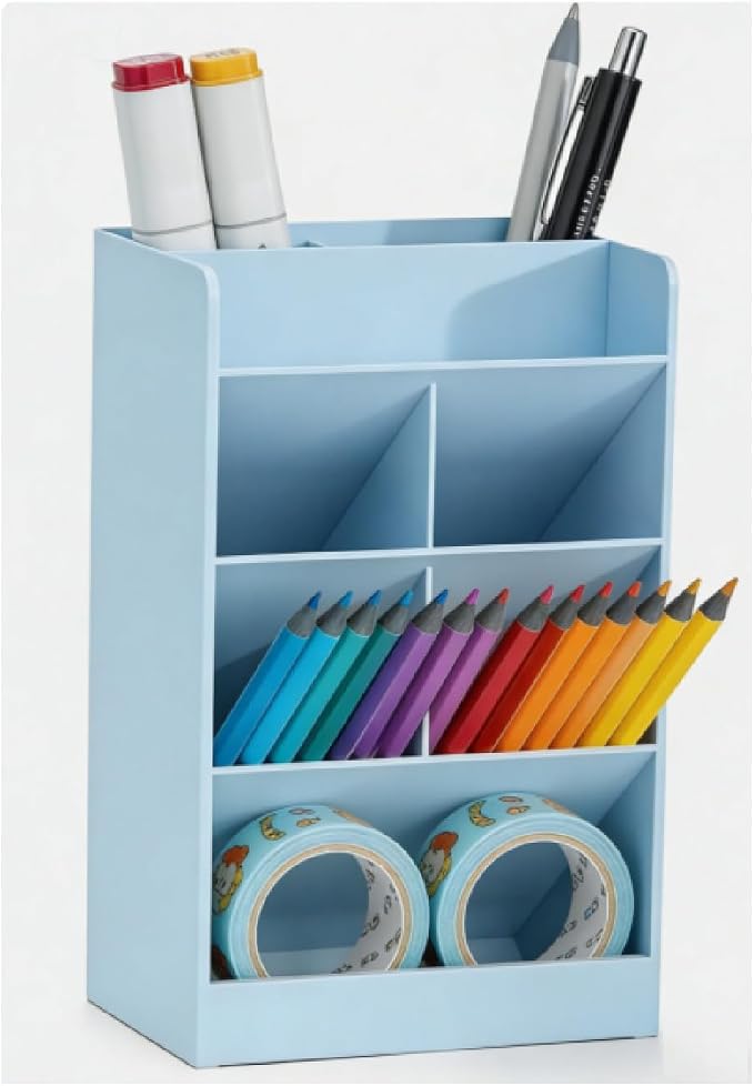 Tissting Slanted Desk Organizer Blue 7 Compartments - Space Saving Pen Holder for Office School Supplies with Multi-Use Storage Compartments for Stationery, Cosmetics, and Jewelry Organization