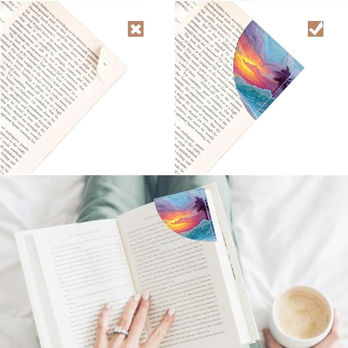 2PCS PU Leather Bookmarks 3.5x3.5 Inch Sunset Palm Wave Design | PU leather bookmarks for books with sunset palm wave design for vacation journals, beach reads, coastal decor lovers