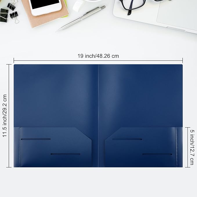 Fulmoon 48 Pack Plastic Folders with 2 Pockets Bulk 11 x 9 Inch Heavy Duty File Pocket Folders and 4 Card Slots Fit Letter Size Paper Cards for Back to School Office Home Supply(Navy Blue)