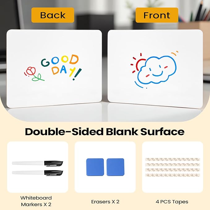 2 PCS Mini Whiteboards, 9" x 12" Small Double Sided Dry Erase Board, Portable White Boards for Students, Teachers, School Supplies Lapboards Including 2 Markers, 2 Erasers and 4 Sticky Tapes