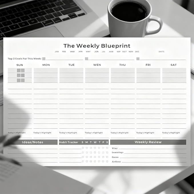 Undated Weekly Organizer & To Do List Notepad - Minimalist A4 52-Sheet Desk Planner for Work School & Family, ADHD Friendly Calendar for Deep Focus & Goal Tracking